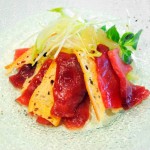 Crudo di tonno, sedano bianco, valeriana, puntarelle e grappa al traminer